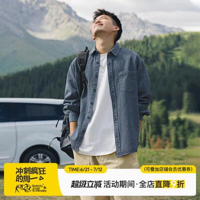 吕小虎潮牌水洗条纹牛仔长袖衬衫男日系休闲cityboy蓝色衬衣外套