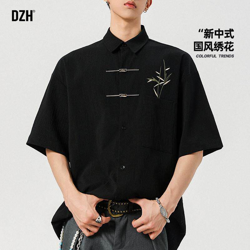男士黑色新中式衬衫男高级感痞帅国风男装2025新款刺绣上衣夏衬衣
