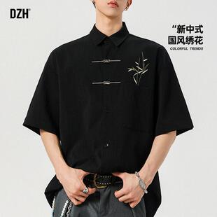 男士黑色新中式衬衫男高级感痞帅国风男装2025新款刺绣上衣夏衬衣
