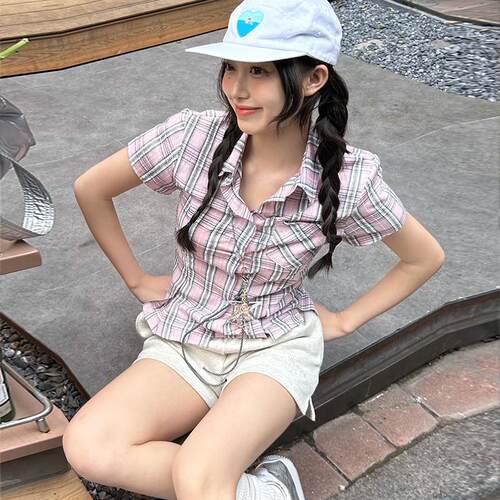 FORUYES官方店 美式复古学院风女ins格纹正肩翻领修身polo领衬衫