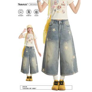 女做旧水洗宽松阔腿休闲七分裤 NERESUM美式 复古星星印花牛仔短裤