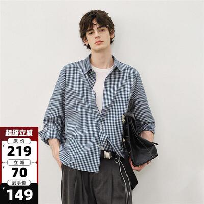 714street轻薄宽松纯棉情侣长袖蓝色格子衬衫男女秋新款miu系穿搭