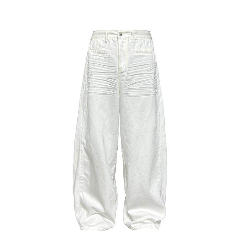 JCAESAR WHITE DENIM压褶白色阔腿牛仔裤 立体抓痕猫须 baggy版型