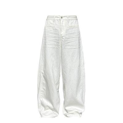 JCAESAR WHITE DENIM压褶白色阔腿牛仔裤 立体抓痕猫须 baggy版型