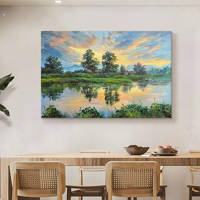 自然风景手绘油画抽象绿色树木装饰画客厅湖面倒影丙烯挂画