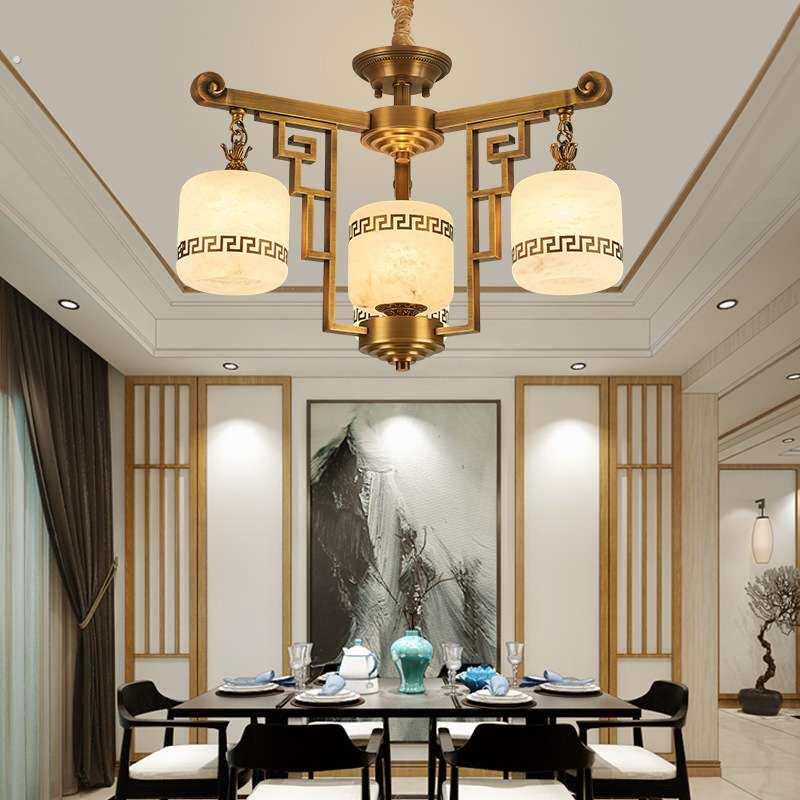 新中式全铜蜡烛客厅吊灯云石现代简约朝下灯罩餐厅卧室饭厅新款