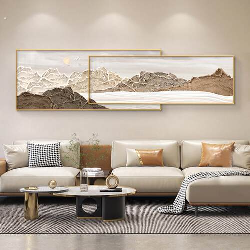 侘寂风客厅装饰画背有靠山沙发背景墙挂画肌理感叠加壁画大气高档