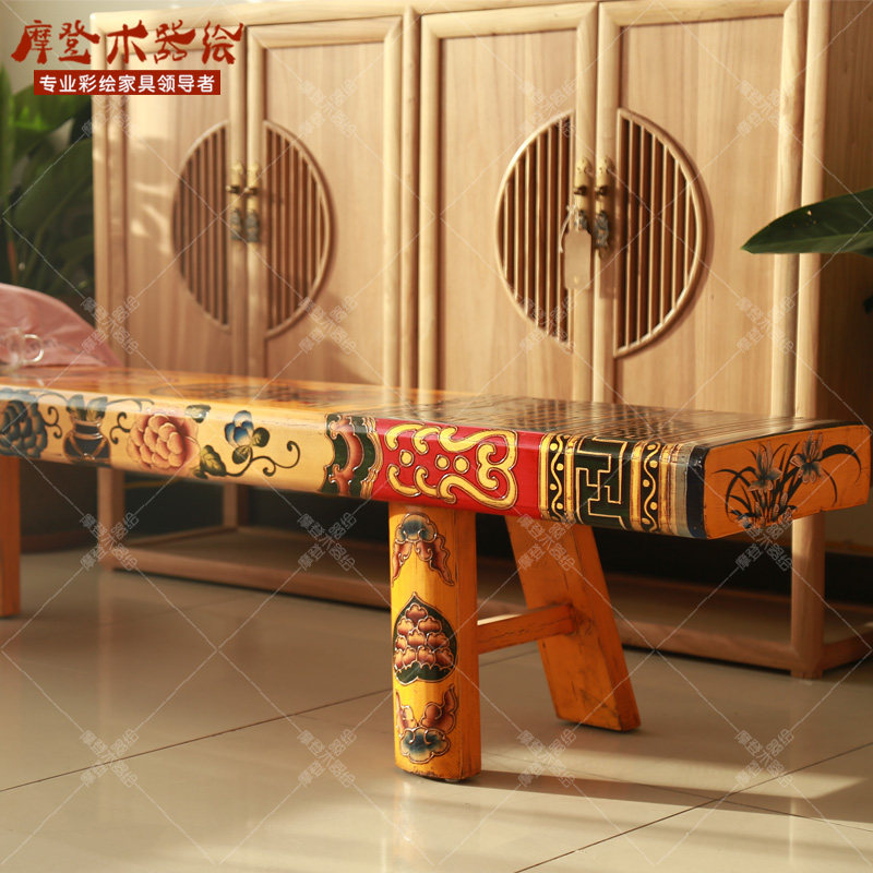彩绘实木长条凳床尾凳换鞋凳饭店等位凳藏式换鞋凳矮凳老松木凳子