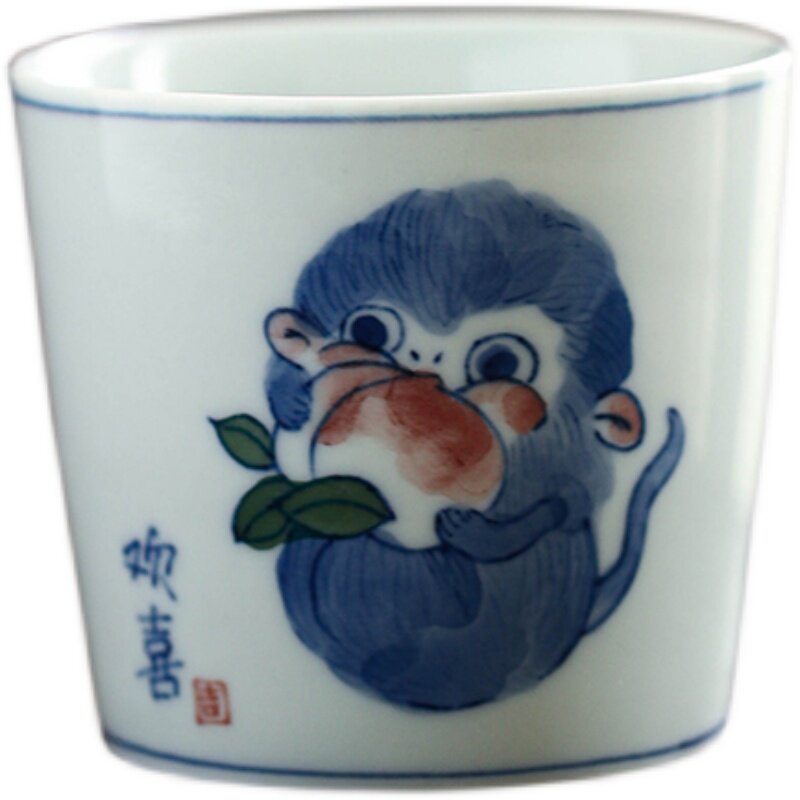 勾画景德镇手绘卡通可爱小猴子陶瓷青花水杯成人儿童品茗杯主人杯