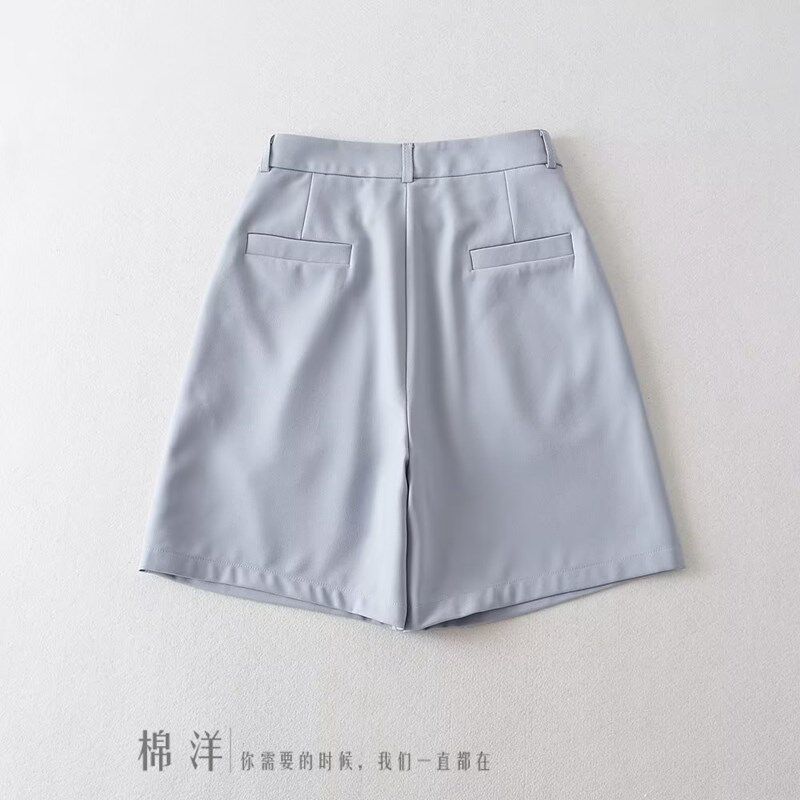 棉洋 学院风灰色休闲西装短裤A字薄款高腰阔腿裤宽松显瘦五分裤子