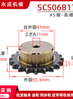 优质45钢盛天SCS单排链轮06B 3分17齿 06B17T 外径55.3 节距9.525