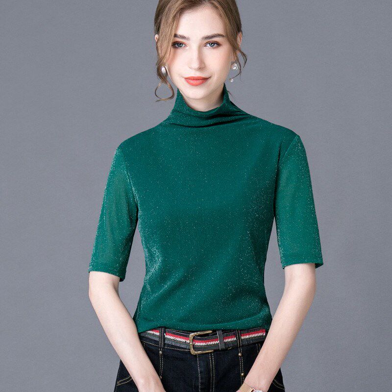 2025春季新款时尚亮丝高领网纱中袖修身打底t恤女装上衣洋气百搭