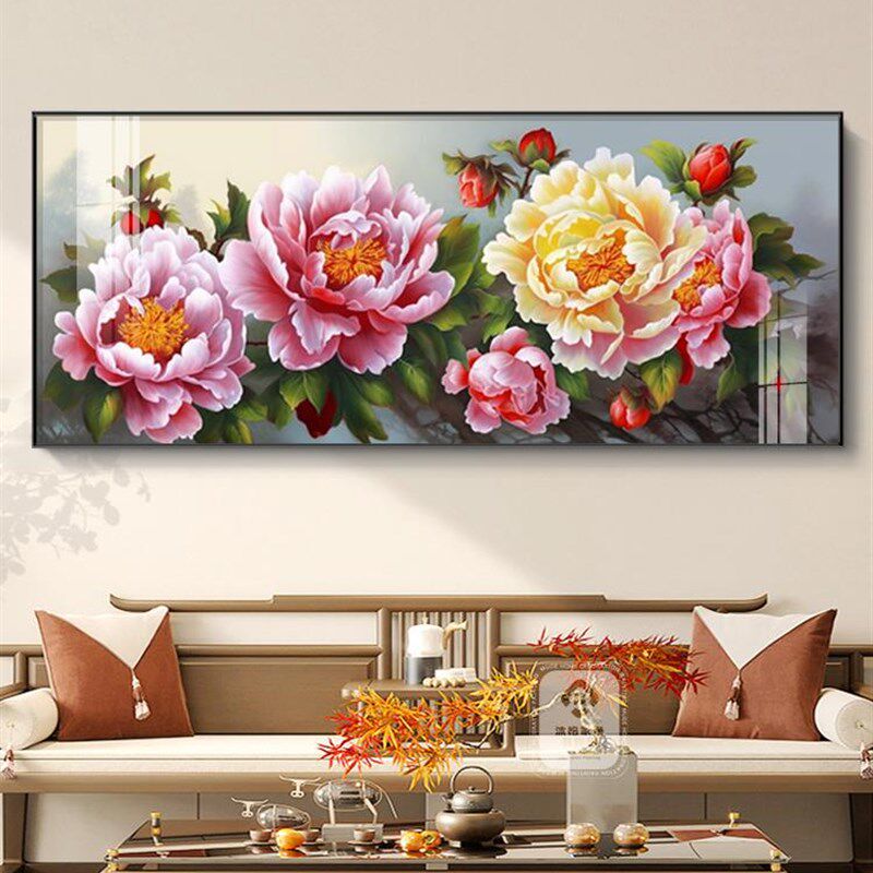 网红花开墙富贵装饰画客厅背沙发景挂画新中式牡丹花大幅横版晶瓷