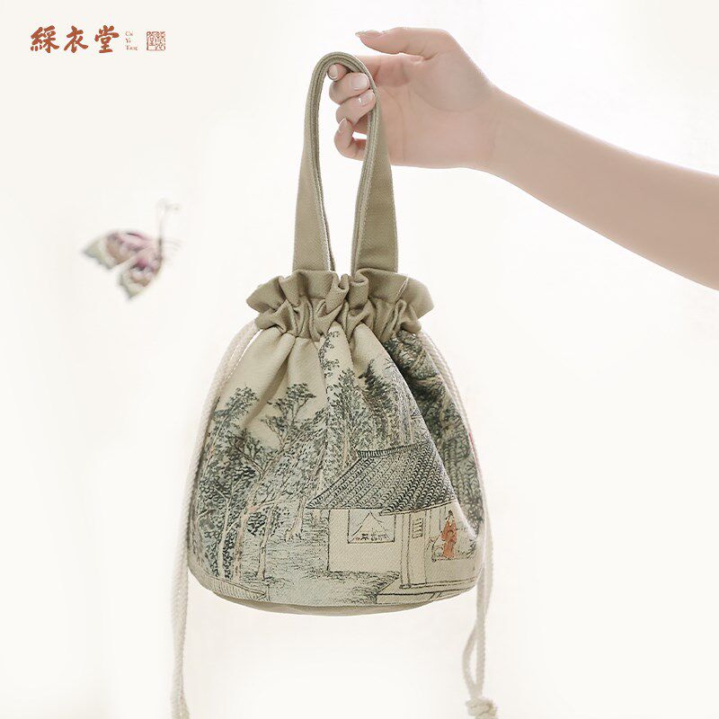 彩衣堂国风古画束口袋手提手拎女手机遛弯收纳水桶包
