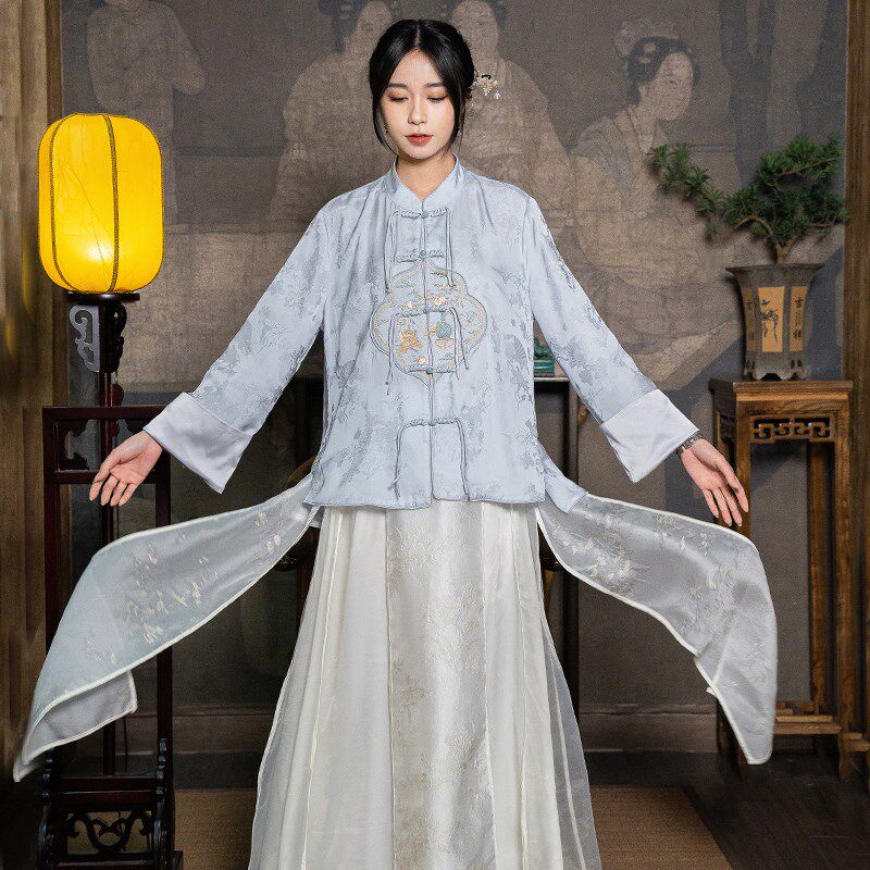 新中式半身裙夏春秋中国风女装白色百搭配提花复古茶服中长款大摆