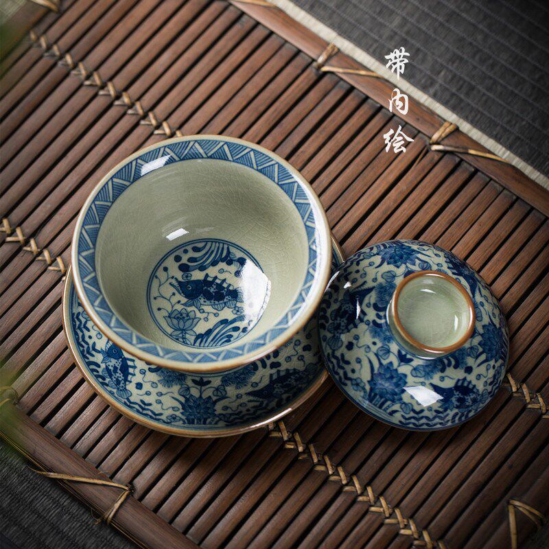 景德镇名悟柴窑青花三才盖碗手绘贵鱼藻纹带内画仿古茶具泡茶碗单