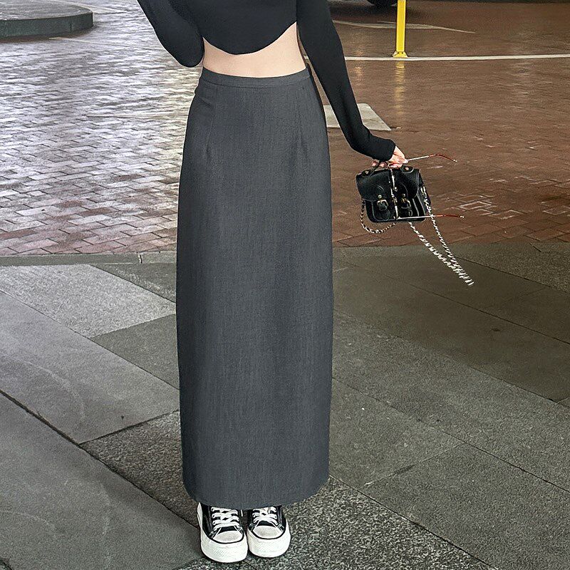 灰色西装半身裙女夏季垂感高腰遮跨裙子黑色直筒宽松显瘦开叉长裙