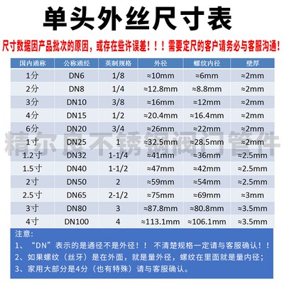 304不锈钢单头外丝加长300/400/500/600/700/800/900/1米 2分3分