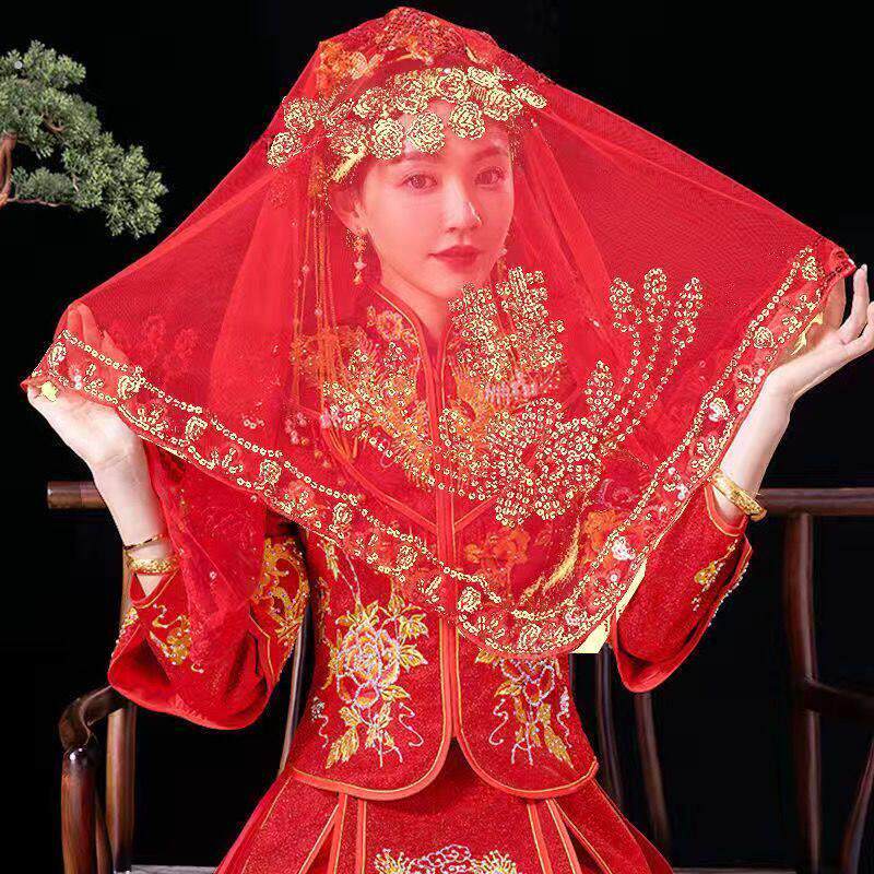 红盖头结婚新娘主婚纱中式婚礼秀禾夏季用蒙头红色喜帕半透明头纱
