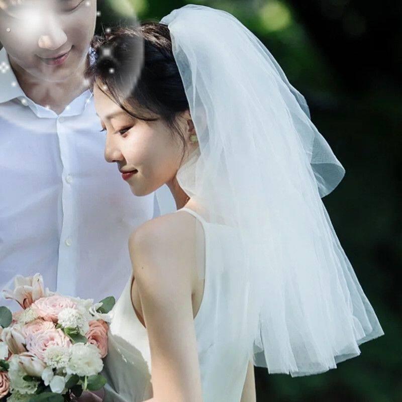 领证小头纱新款求婚道具森系素纱头饰短款双层旅拍韩式蓬蓬发饰纱