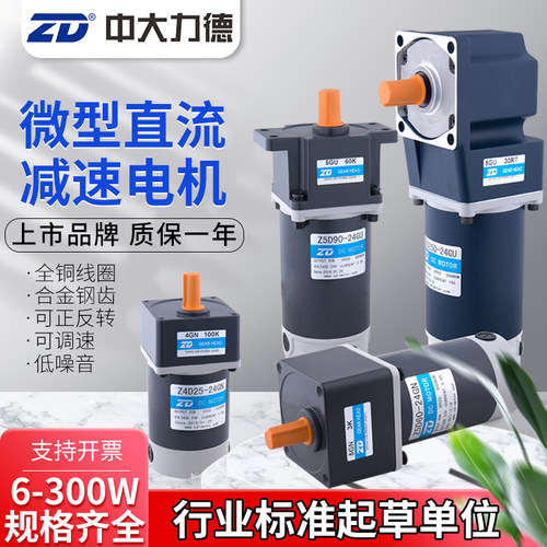ZD中大6-300W直流有刷减速电机马达12V24V正反转大扭矩慢速可调速