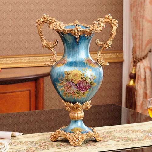 欧式典雅树脂花瓶奢华双耳大号金色餐厅摆设客厅装饰复古餐桌台面