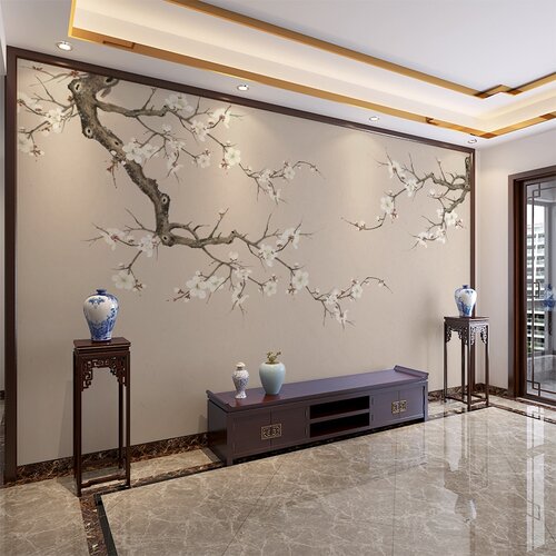 新中式玉兰花鸟墙布客厅沙发电视背景壁画山水画墙纸卧室装饰壁纸