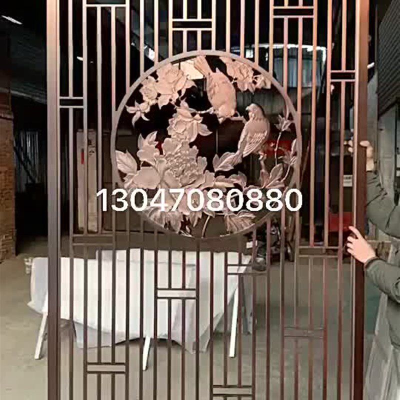 不锈钢屏风 入户玄关 新中式 古铜浮雕刻金属隔断 客厅别墅背景墙