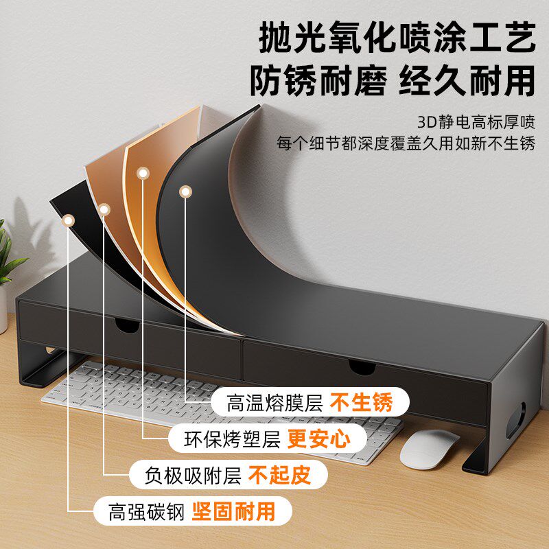 电脑增高架台式显示器屏幕笔记本垫高底座铁艺桌面抽屉收纳置物架