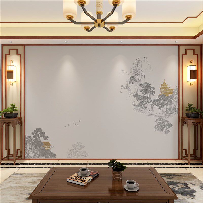 轻奢新中式水墨山水壁布客厅电视背景墙壁纸抽象阁楼壁画茶室墙布
