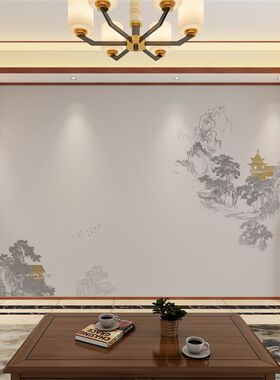 轻奢新中式水墨山水壁布客厅电视背景墙壁纸抽象阁楼壁画茶室墙布