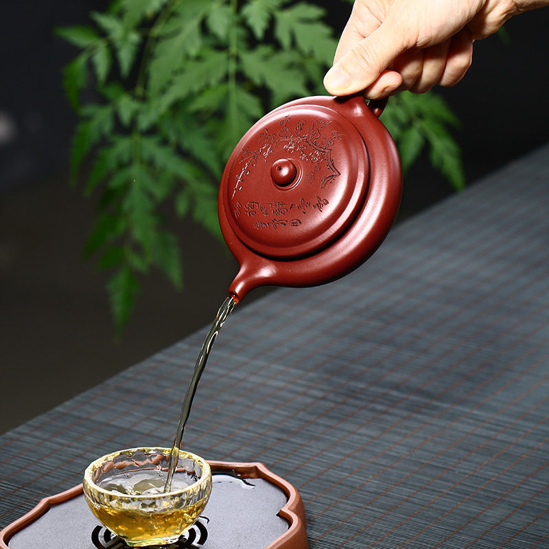 宜兴紫砂壶原矿大红袍仿古壶功夫茶具纯手工梅香扁古壶梅花泡茶壶