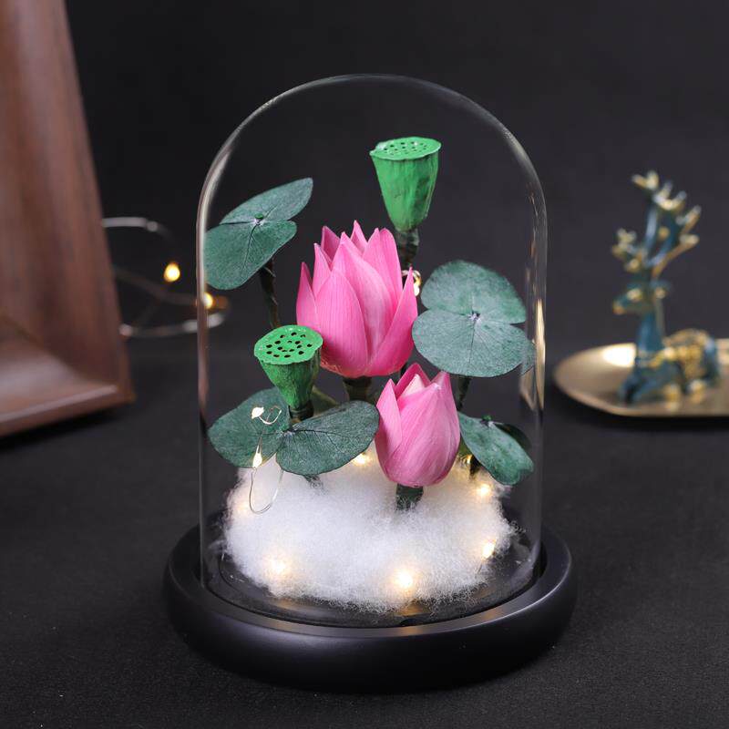 永生花荷花真花高级感干花花束礼盒玻璃罩家居摆件生日礼物送女友