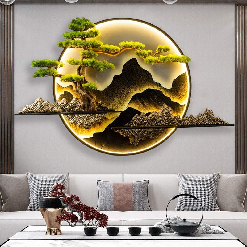 新中式茶室茶桌茶台墙面装饰沙发背景墙装饰画玄关迎客松挂件圆形