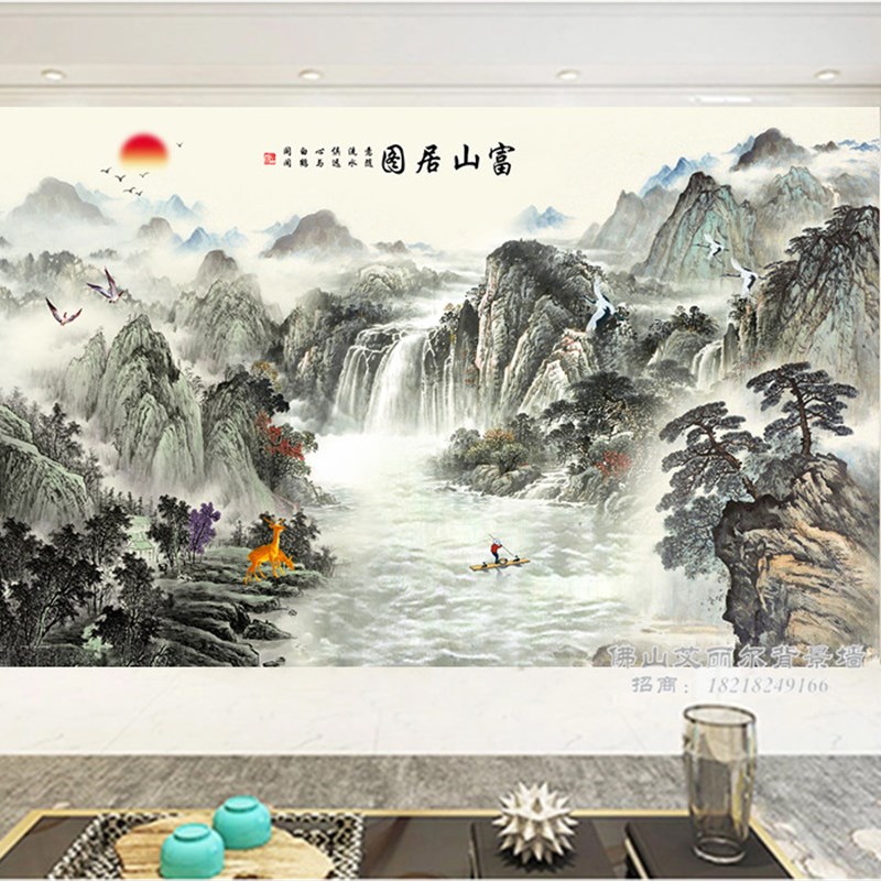 岩板背景墙大理石影视墙瓷砖微晶石中式迎客松山水石材客厅装饰画