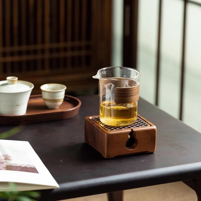 胡桃木温茶器小号实木复古蜡烛煮暖茶炉加热公道杯黑檀木保温底座