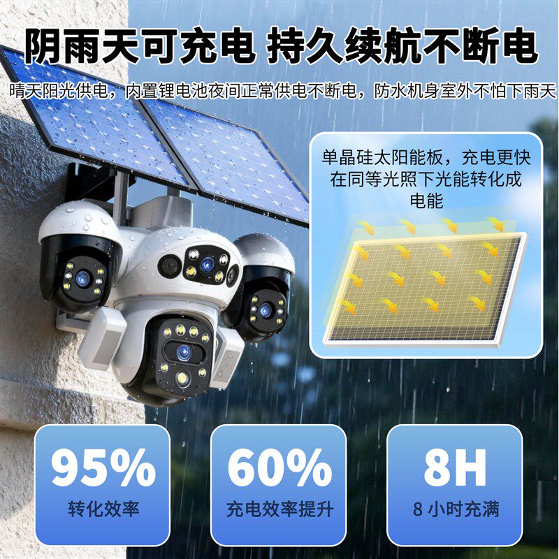 AOV太阳能监视器摄像头360度无死角手机远程室外4G免充值无电无网