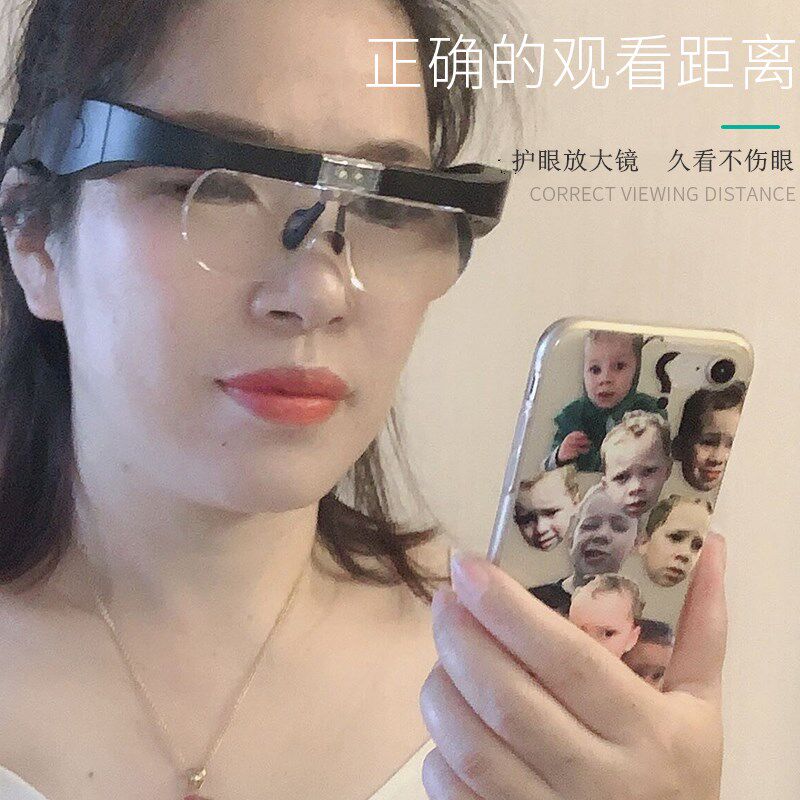 USB充电头戴眼镜式高清老人看书手机放大镜多镜片带灯家电维修用