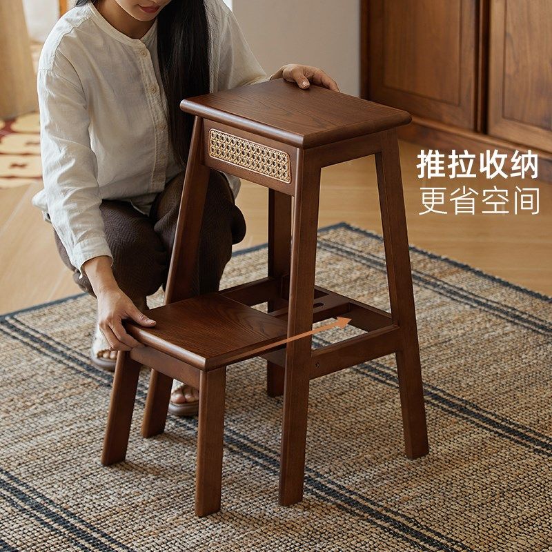 家用梯实木梯凳加厚加粗登高踏步台阶梯子凳子两用置物架伸缩楼梯
