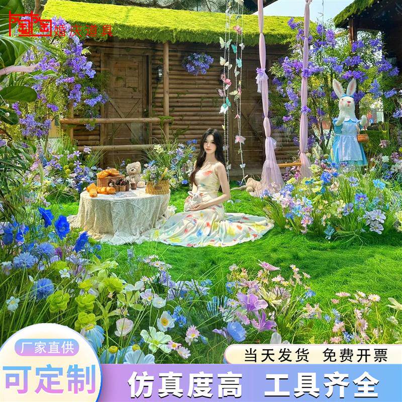 仿真花莫奈花园玫瑰花艺美陈橱窗瀑布拱门户外婚庆装饰花造景花墙