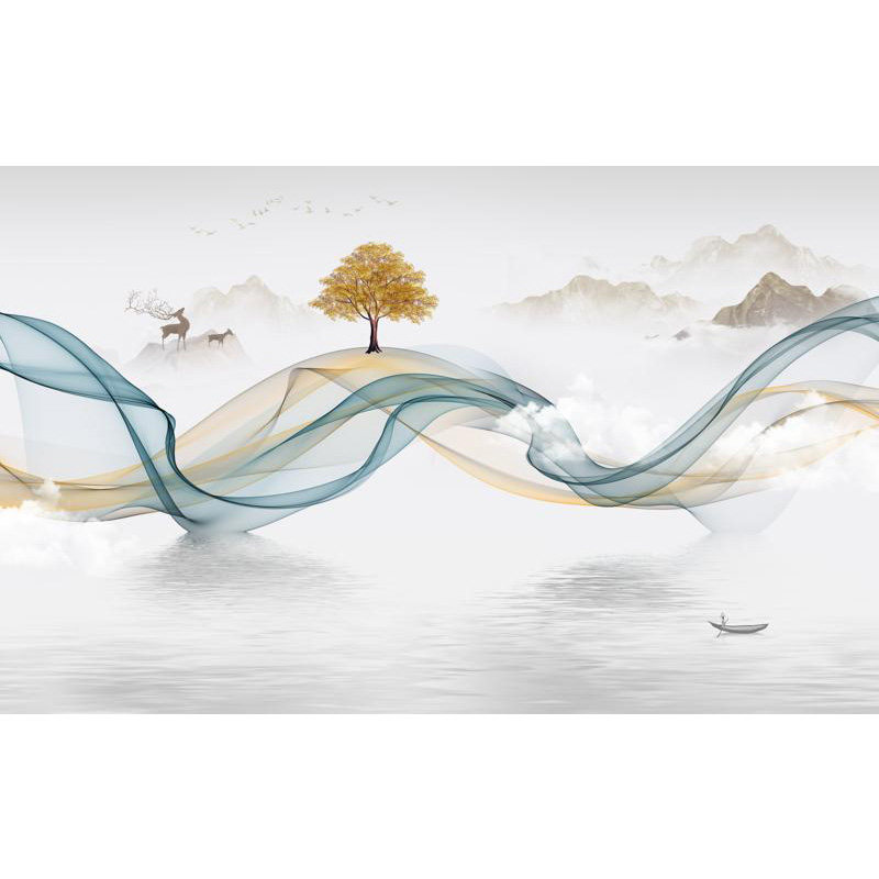 电视背景墙贴画轻奢山水线条定制壁画客厅墙贴影视墙壁布墙布自粘
