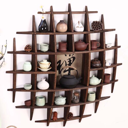 实木茶杯架多宝阁展示博古架置物架紫砂茶壶茶具柜壁挂墙上中式禅
