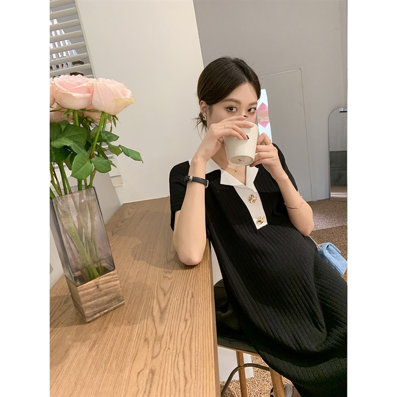 孕妇连衣裙2025夏赫本风冰丝显瘦撞色简约法式polo拼接小黑裙