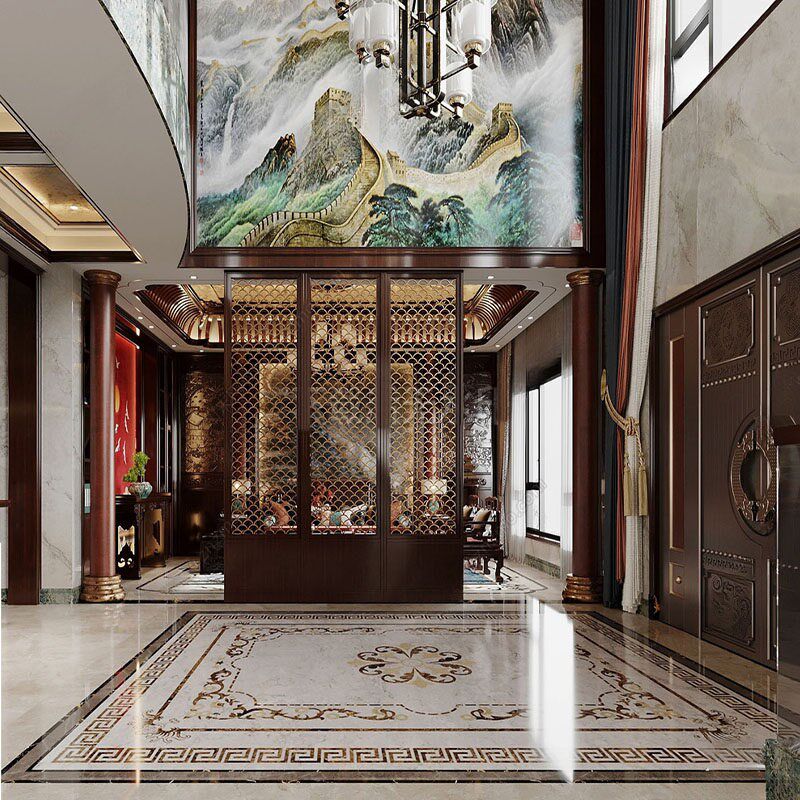 客厅地砖拼花餐厅水刀瓷砖拼图欧式别墅石材入户过道玄关岩板地板