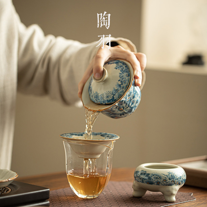 汝窑金万花陶瓷泡茶壶盖碗杯子家用防烫茶壶茶碗喝茶功夫茶具套装