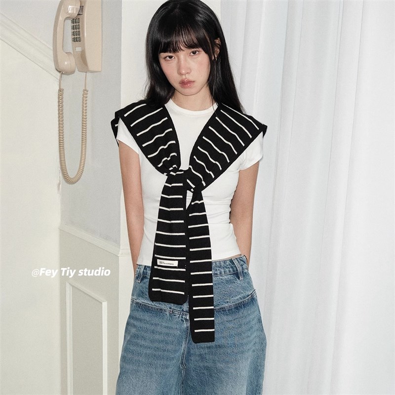 feytiy 定制简约条纹叠搭针织披肩女春秋冬季外搭韩版ins打结坎肩