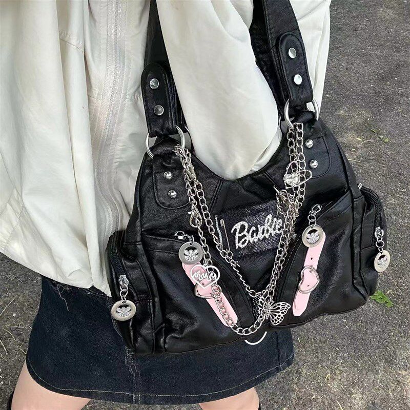 黑樱酱 中古感Vintage千禧复古软皮链条撞色机车包辣妹单肩斜跨包