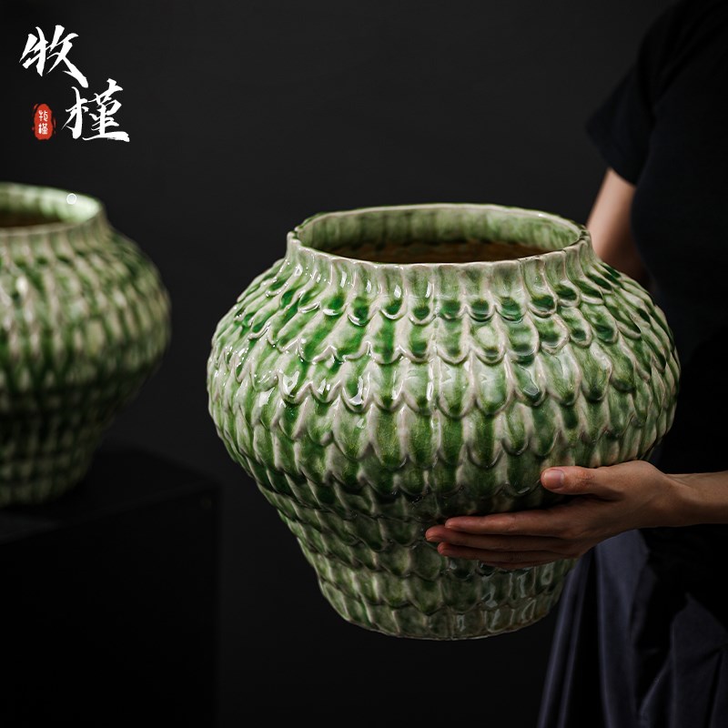 景德镇陶瓷花盆新中式家用客厅绿植专用大号口径手工陶罐绿色花器