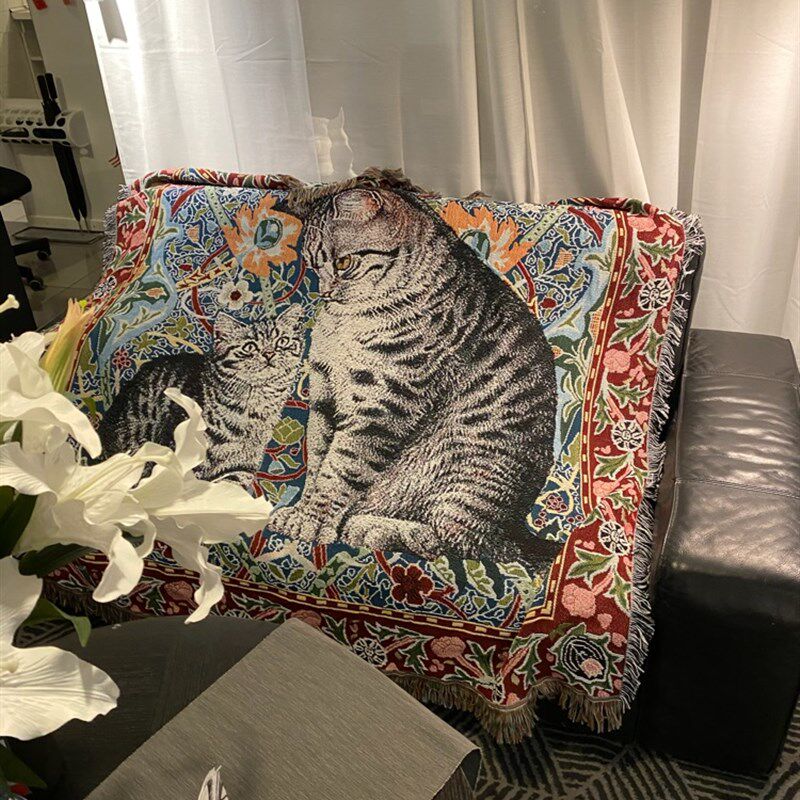 油画猫咪宠物面料针织编织挂毯北欧流苏超大加大四季款盖毯沙发毯