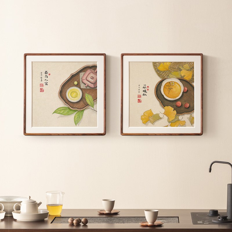 祝嘉望山小书房茶室三联装饰画实木高级感新中式餐厅卧室方形挂画